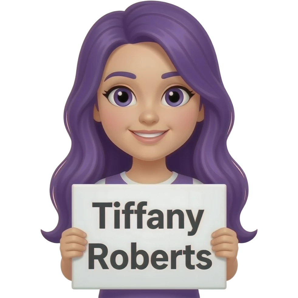girl with long purple hair with a TIFFANY ROBERTS sign emoji