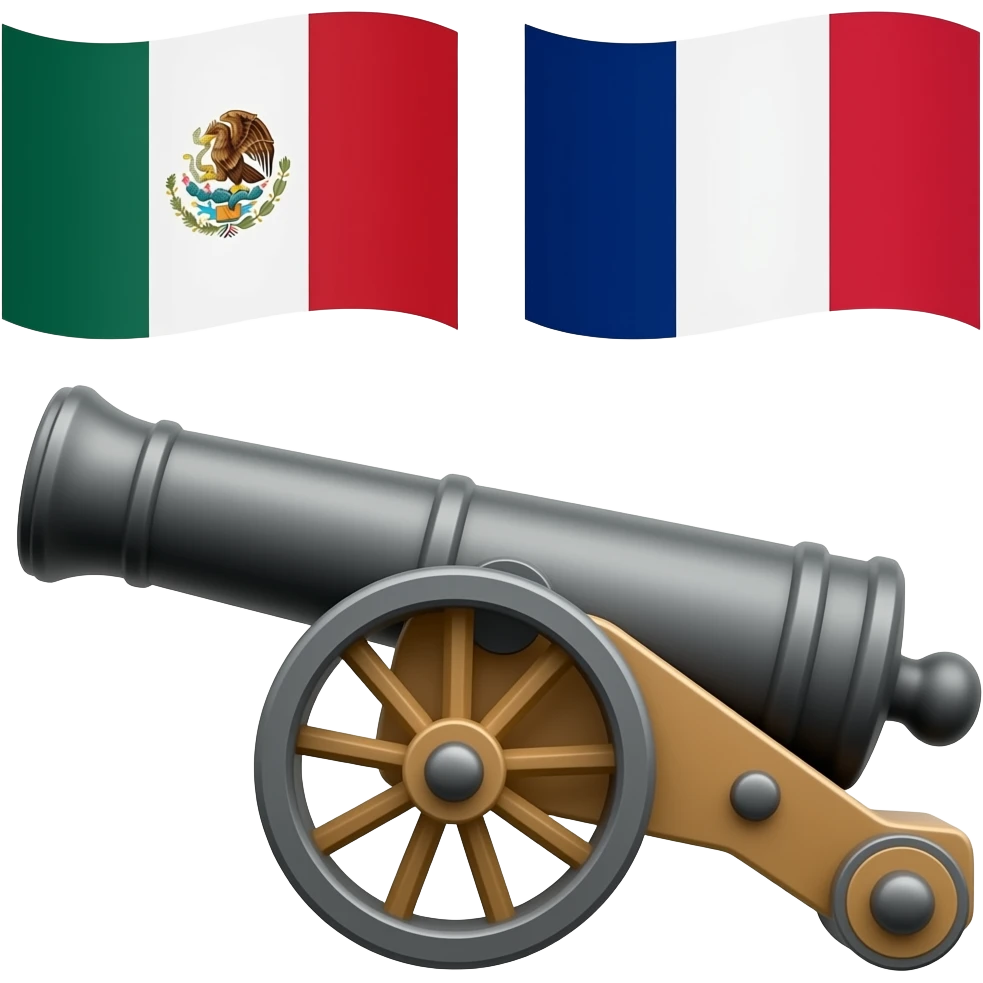 bandera de mexico y bandera de francia con un cañon en medio, el cañon de perfil, hacia el otro lado, mirando hacia la bandera de mexico emoji