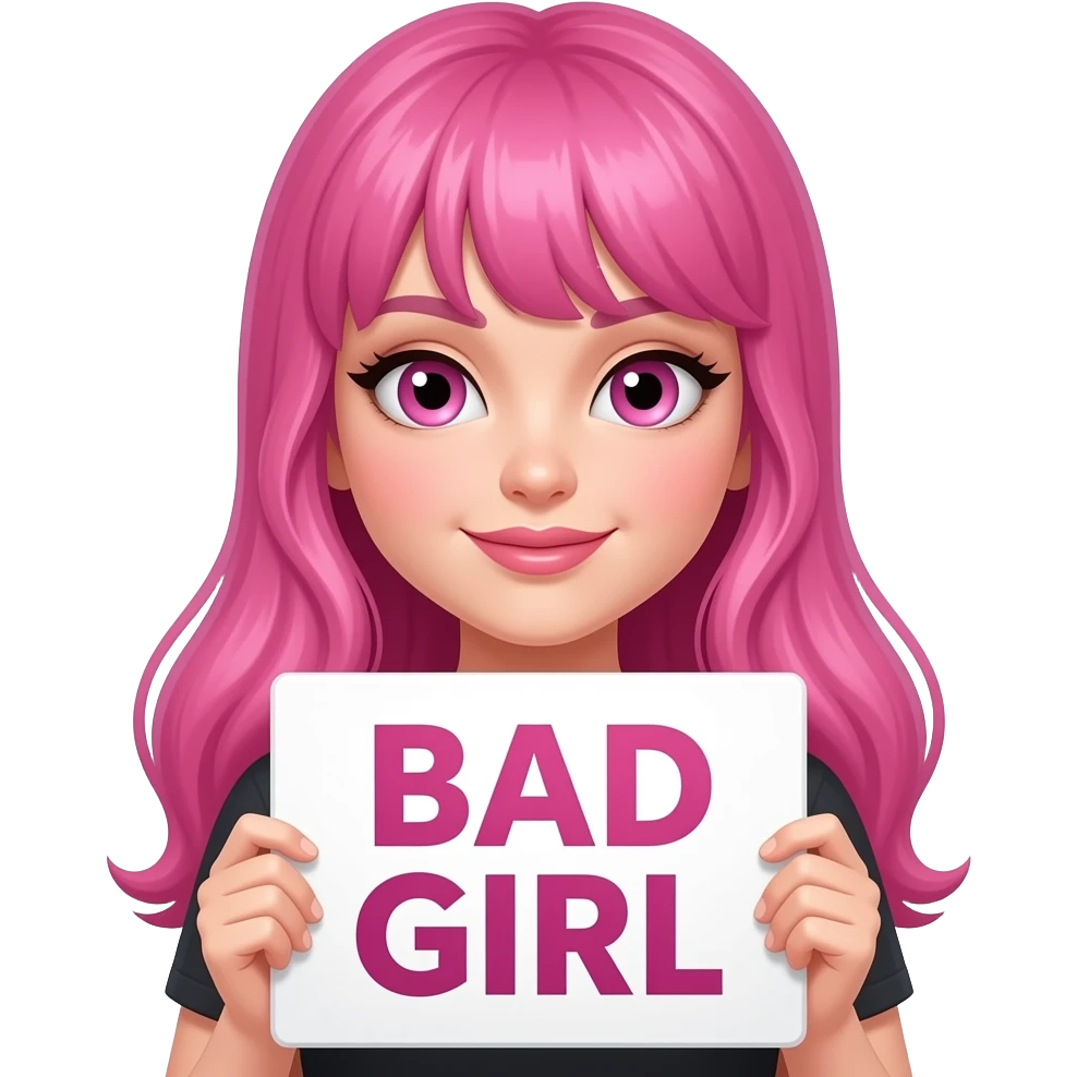 sexy girl with long pink hair and pink eyes wearing a holding a BAD GIRL sign emoji