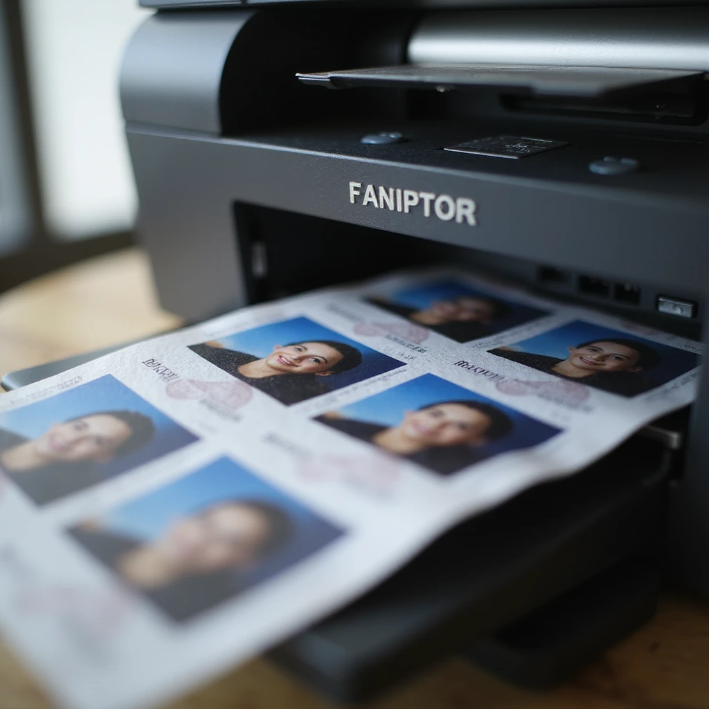 realistic thumbnail image for a passport photo printing service, showing a modern printer outputting a sheet of passport photos, with the focus on the printer and photos only emoji