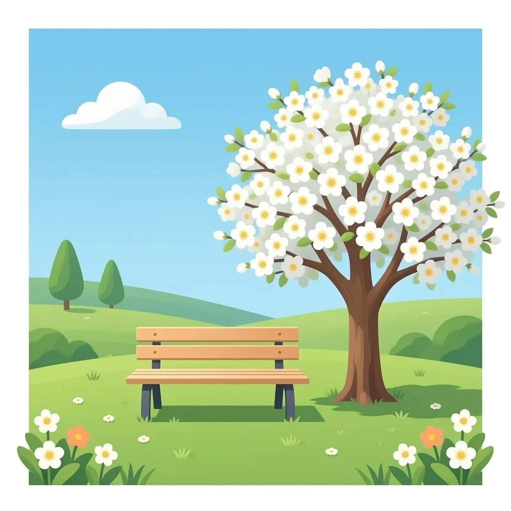 beautiful beige bench and beautiful white blooming tree emoji