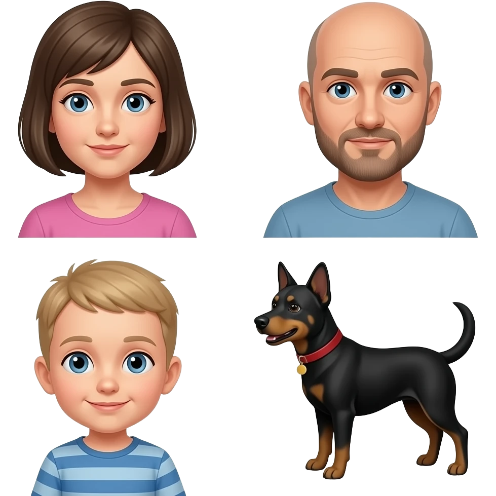 grey eyes woman with dark blond bob haircut and her boyfriend bald blue eye man with beard, her little shiatsu black dog and her 1 year son with short blond hair emoji