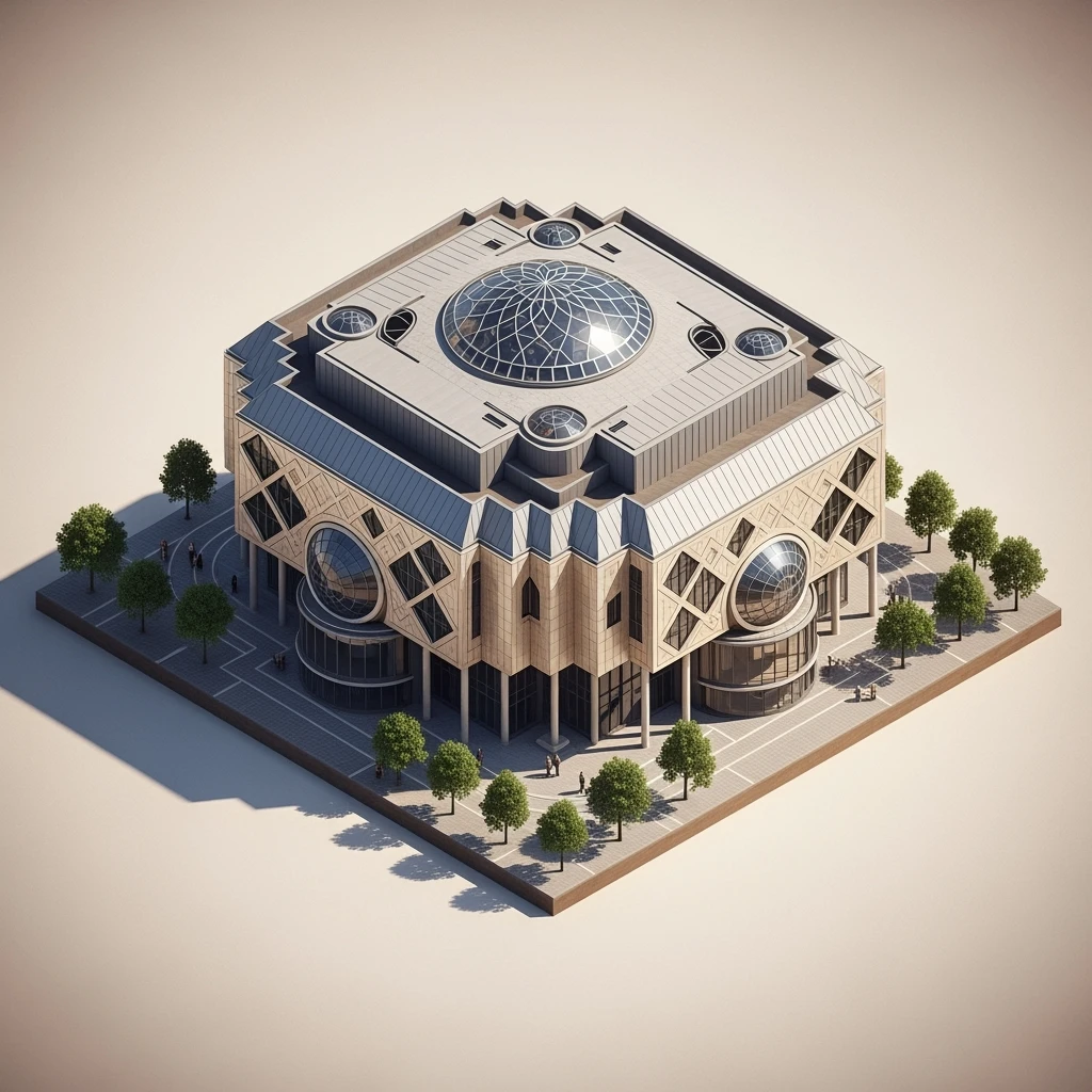 Isometric illustration of Birmingham, photorealistic the Library of Birmingham with its modern architecture, balanced between stylized and realistic, 3D miniature effect, transparent background. emoji