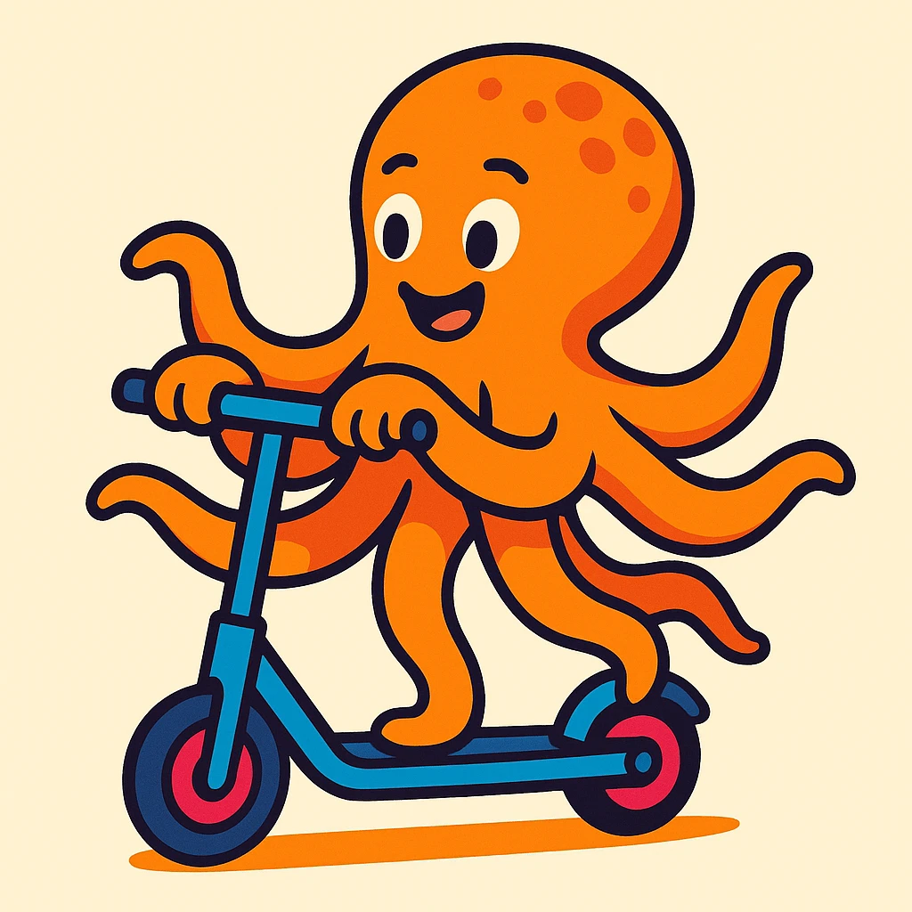 octopus riding a scooter, vibrant and playful style emoji