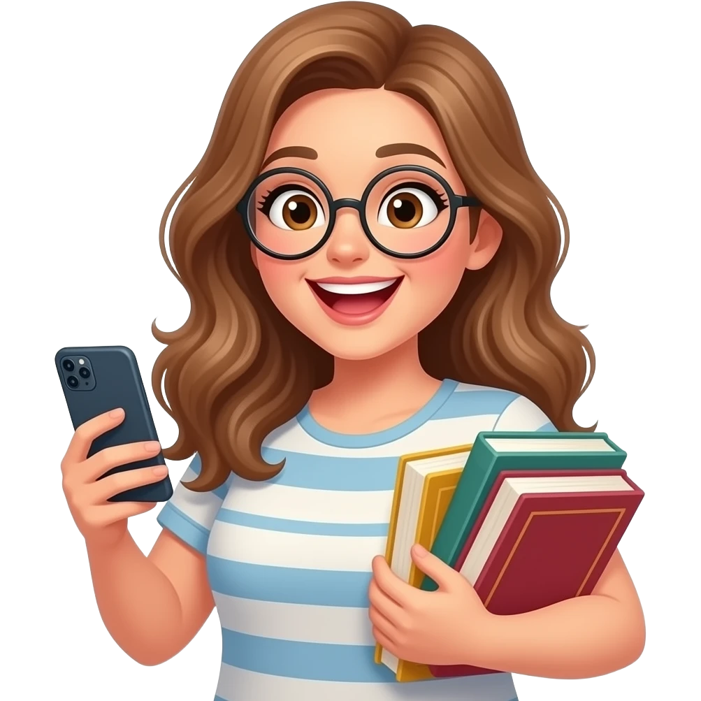 detailed emoji illustration of a curvy woman with long light brown wavy hair, light brown eyes and round glasses holding her phone while adding books to an online cart, excited shopping expression, cute emoji style emoji