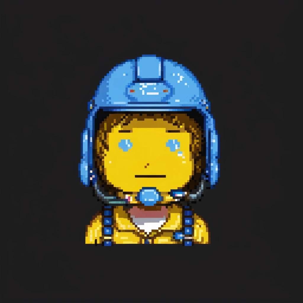 pixel art of a man with a blue helmet, a pencil in his nose, and a yellow shirt, humorous, neutral background emoji