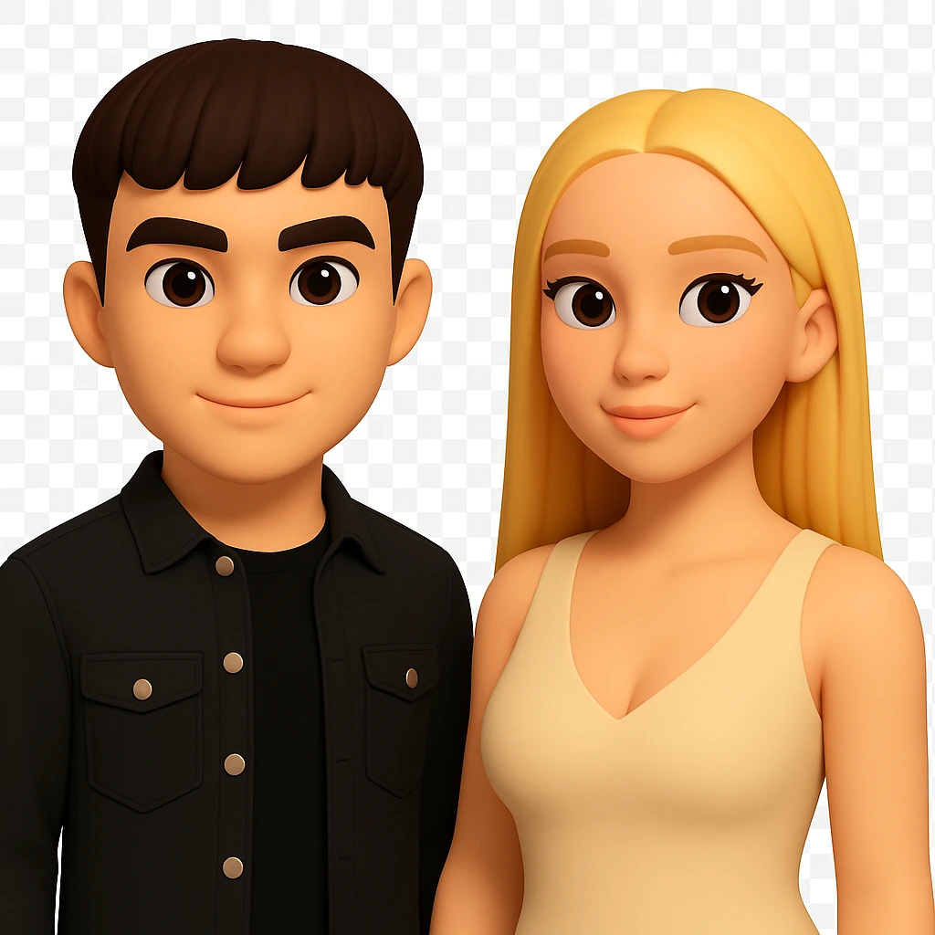 Slightly increase the volume of the upper body of the girl, spread them far apart from each other, make the skin color the same for both characters, keep the cartoonish 3D style, and keep the background transparent. The original style is cartoonish 3D style, please maintain that look. emoji