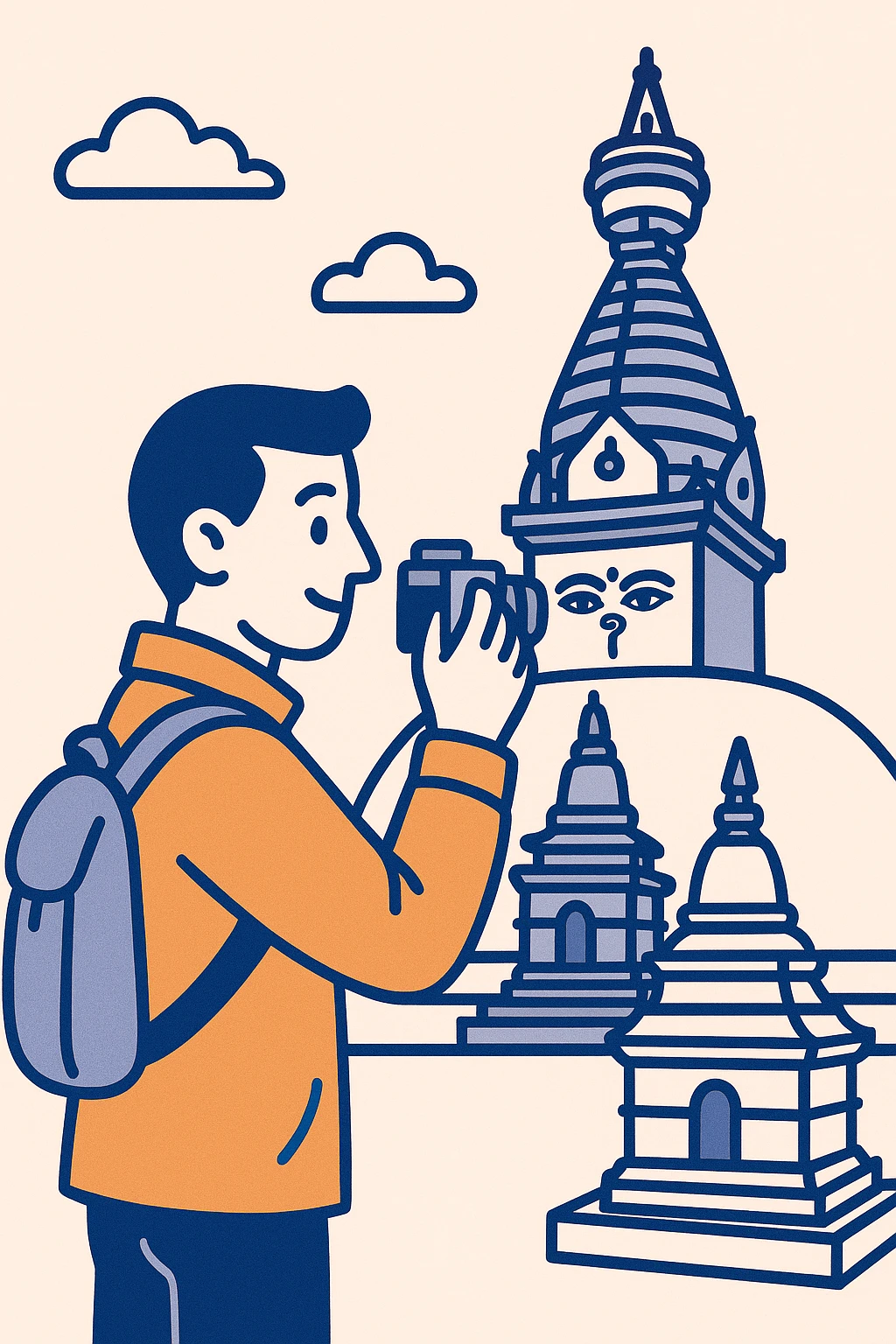minimalist design of a man in an orange jacket with a backpack, taking a photo at Swayambhunath Monkey Temple in Kathmandu, city tour, cultural site emoji