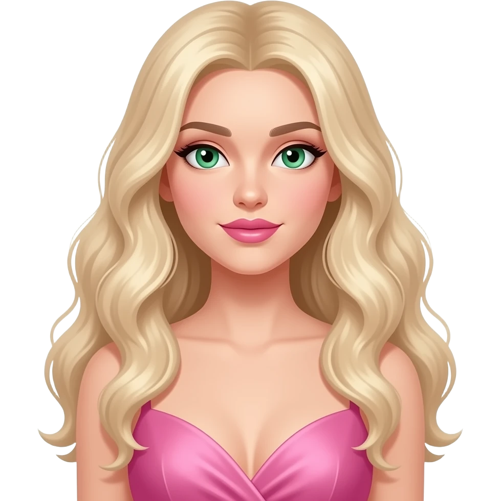 White girl , green eyes, very long wavy blonde hair, pink lips, sexy pink dress. emoji