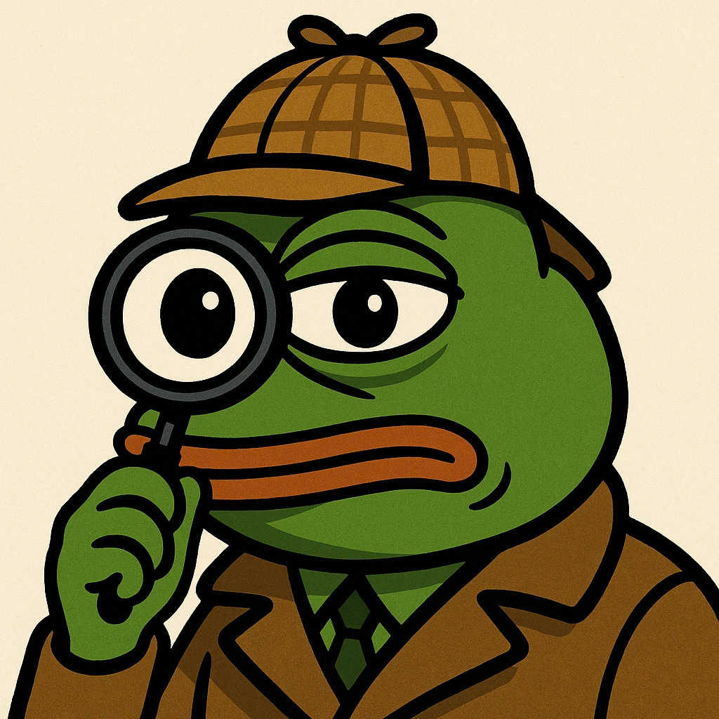 Pepe the Frog as a detective with a magnifying glass, meme style emoji