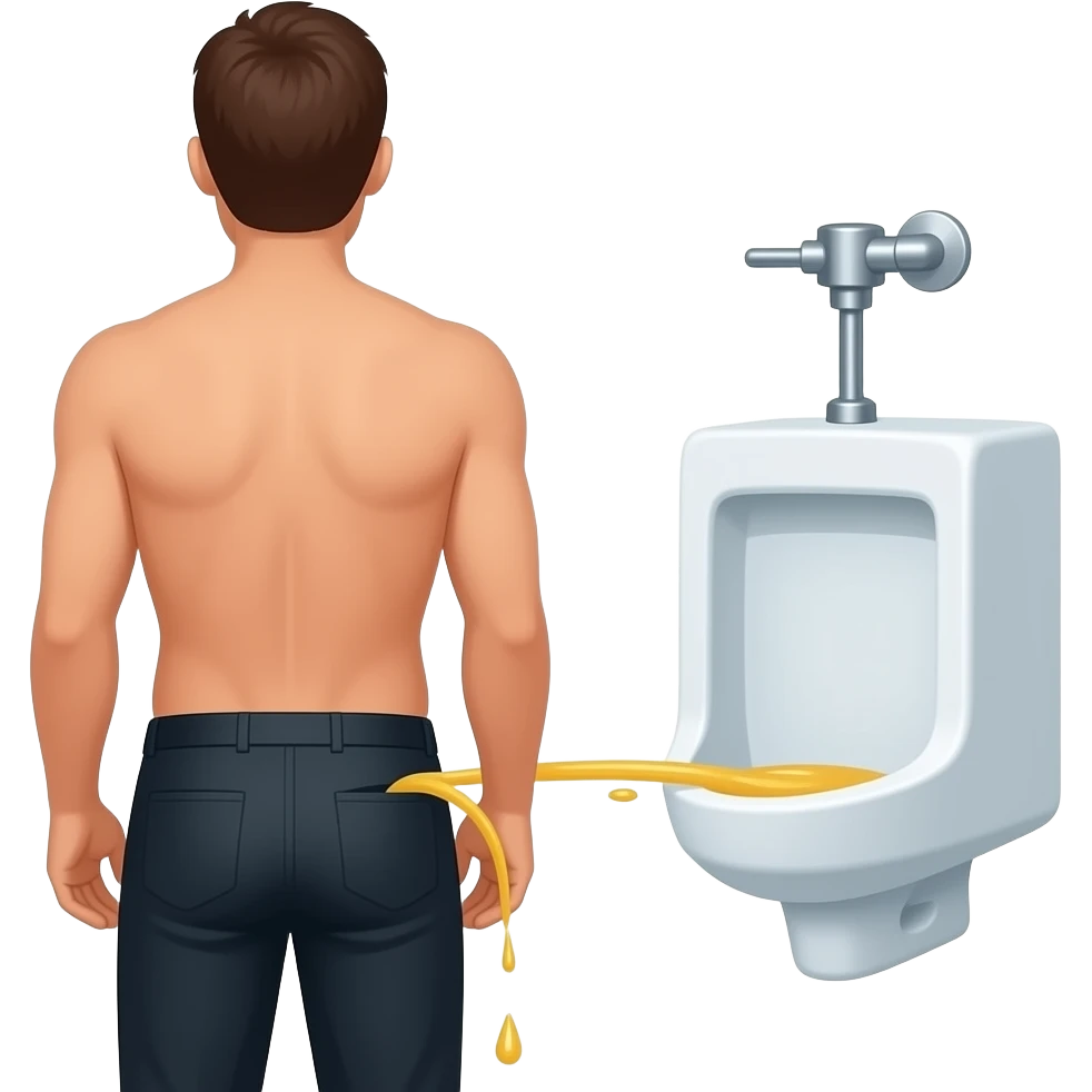 Erstelle ein Bild von einem urinal in einem öffentlichen WC, man sieht ein Mann von hinten vor einem urinal stehen und aus seiner Hose kommt ein gelber dünner Wasserstrahl der in das urinal strahlt emoji