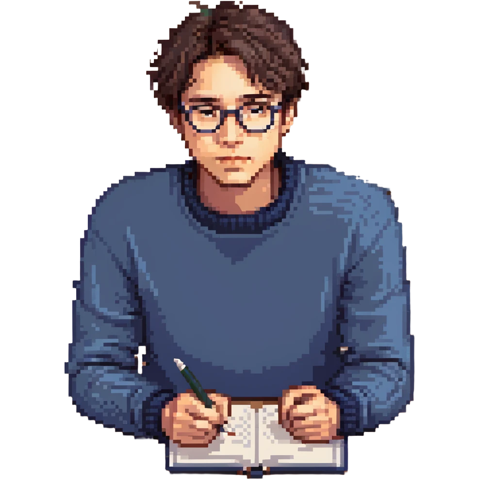 Flat pixel are, calm and curious male thinker, light skin, short tousled dark hair, round glasses, focused expression, wearing an indigo sweater, seated at a desk with open books, one hand resting under his chin in thought, waist-up, front-facing emoji