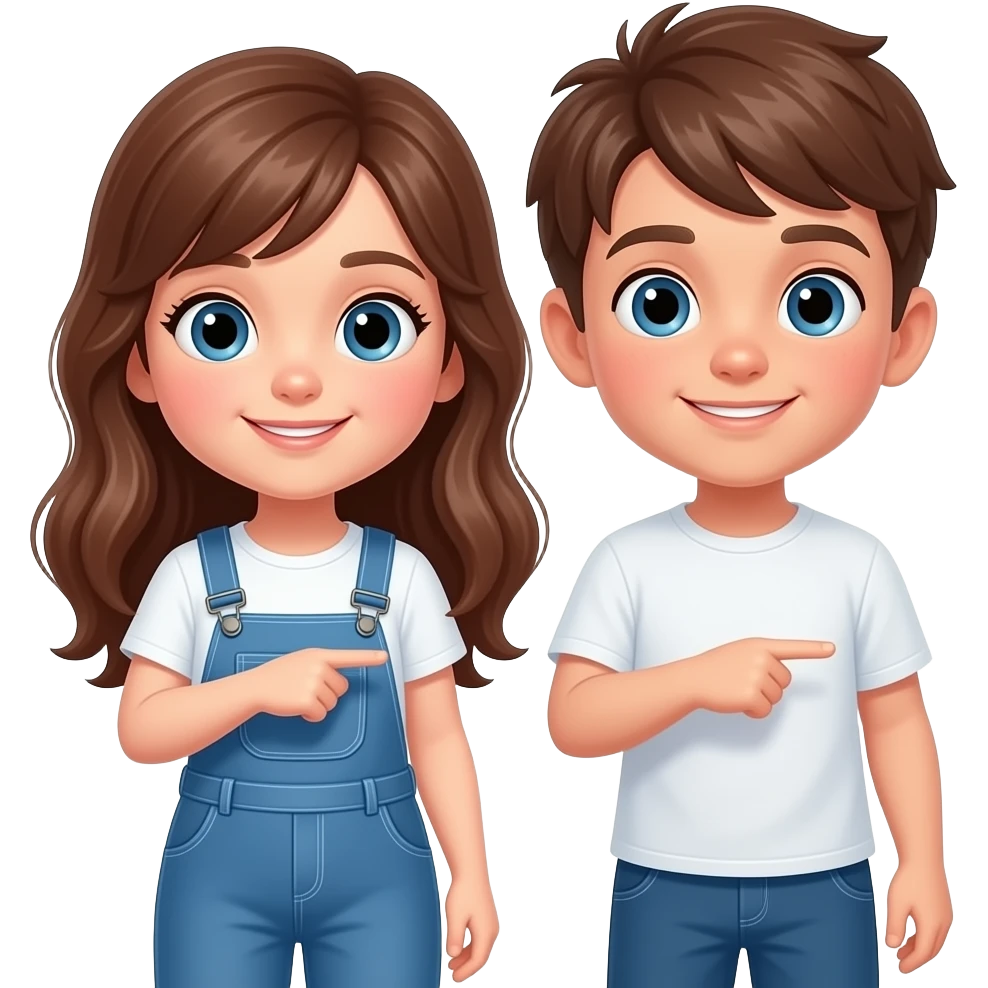una niña i un niño señalando a un sitio detras de ellos son hermanos con ojos azules la niña tiene el pelo marron avellana i largo tiene la ropa con un peto azul i la camiseta es blanca el cuerpo completo emoji