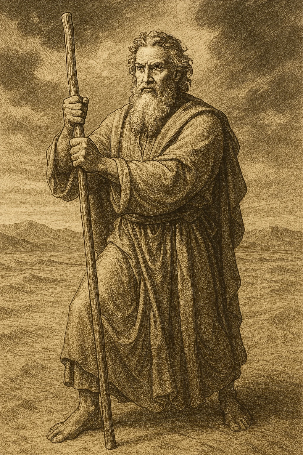Moses standing firmly, gripping his rod, determined expression, sand and sky, historical illustration emoji