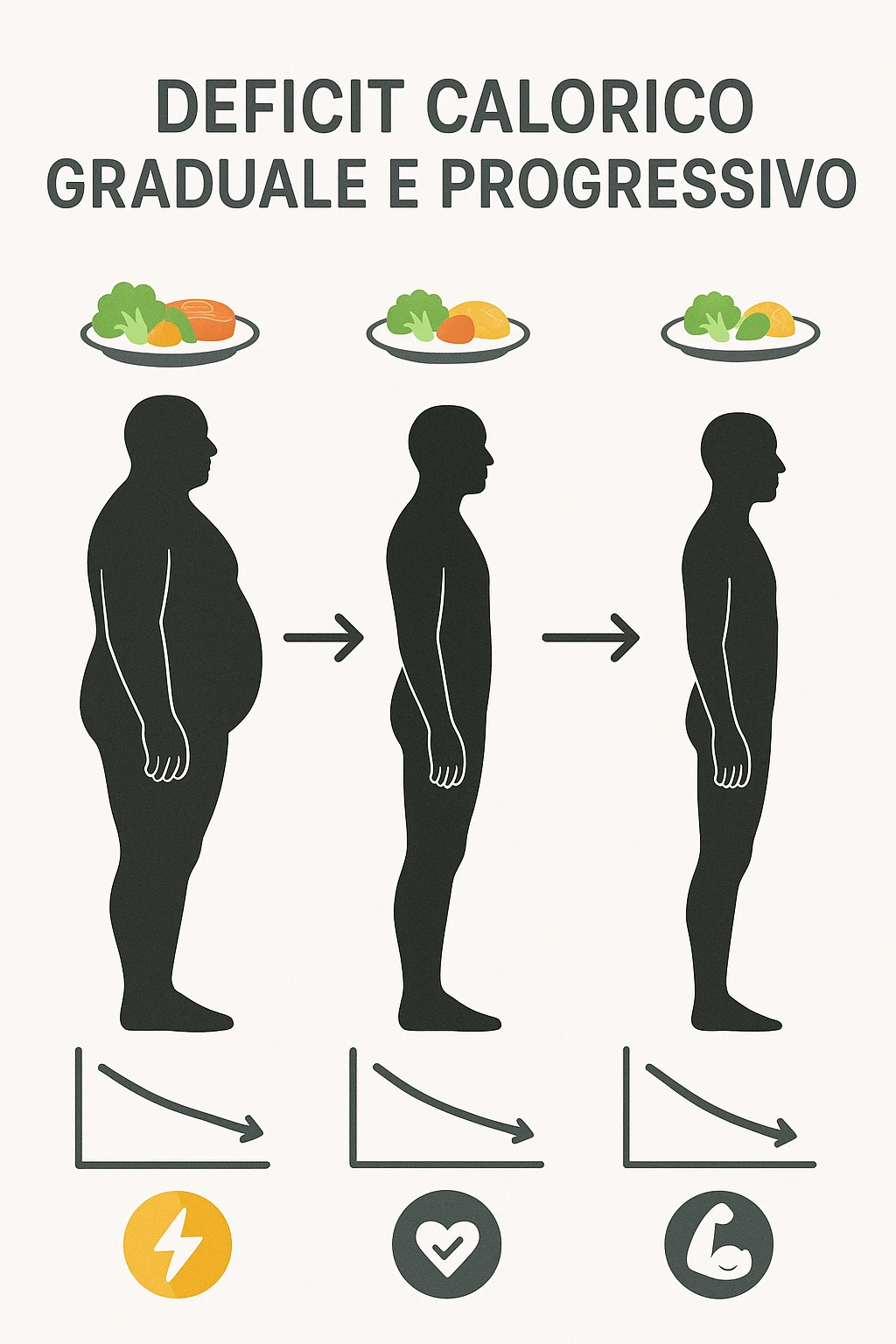 una sequenza di tre sagome umane affiancate, ognuna rappresenta una fase diversa di perdita di peso graduale. Sopra ogni figura, un piatto mostra porzioni di cibo bilanciate ma leggermente ridotte. Frecce e grafici illustrano una diminuzione lenta e costante dell’apporto calorico giornaliero, con icone che rappresentano energia, salute e mantenimento della massa muscolare. Sfondo pulito e moderno, con etichette chiare che spiegano “deficit calorico graduale e progressivo” in italiano emoji
