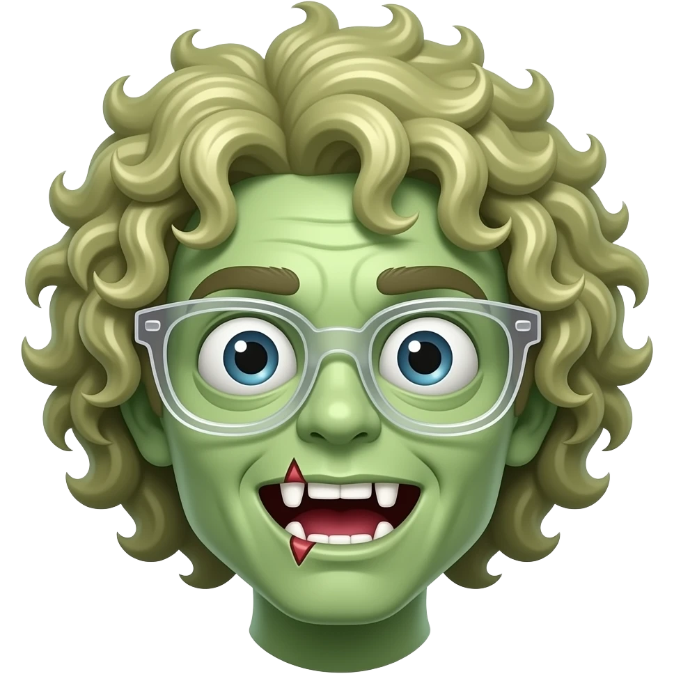 Crie um emoji de zumbi verde com um corte na boca com um óculos transparente cabelo cacheado com luzes emoji