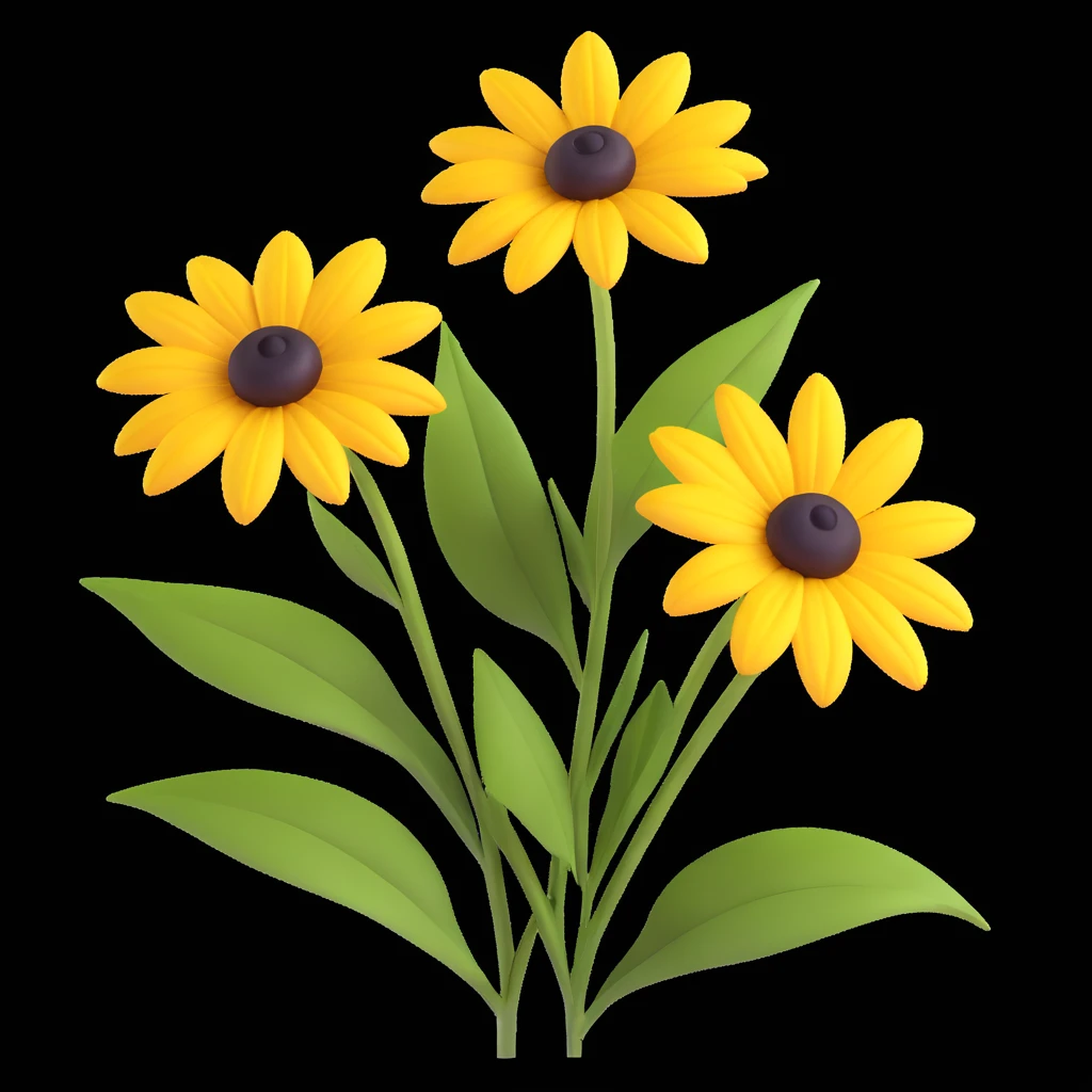 three yellow rudbeckia flowers with green leaves, 3D iOS style, bright colors, realistic light and shadow, white background emoji
