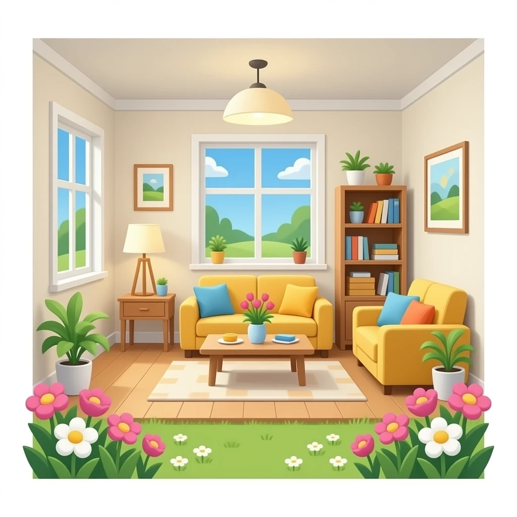 casa por dentro con muebles i flores emoji