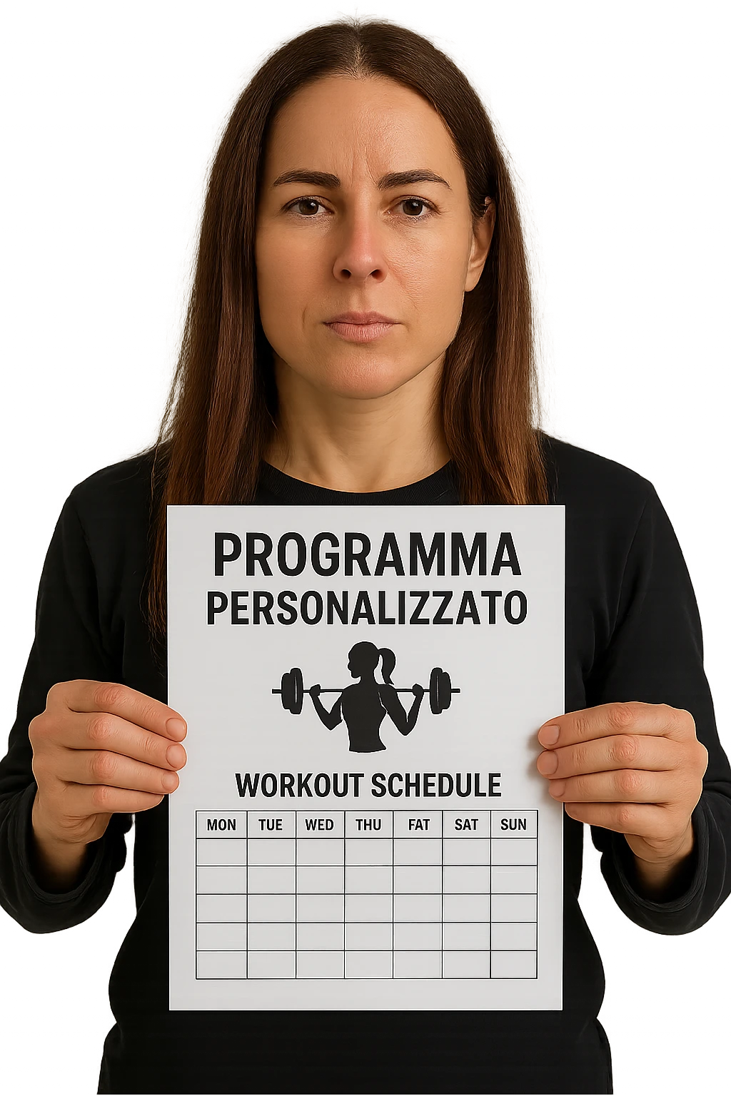 Donna con in mano Scheda di allenamento di palestra con scritto "Programma Personalizzato" emoji