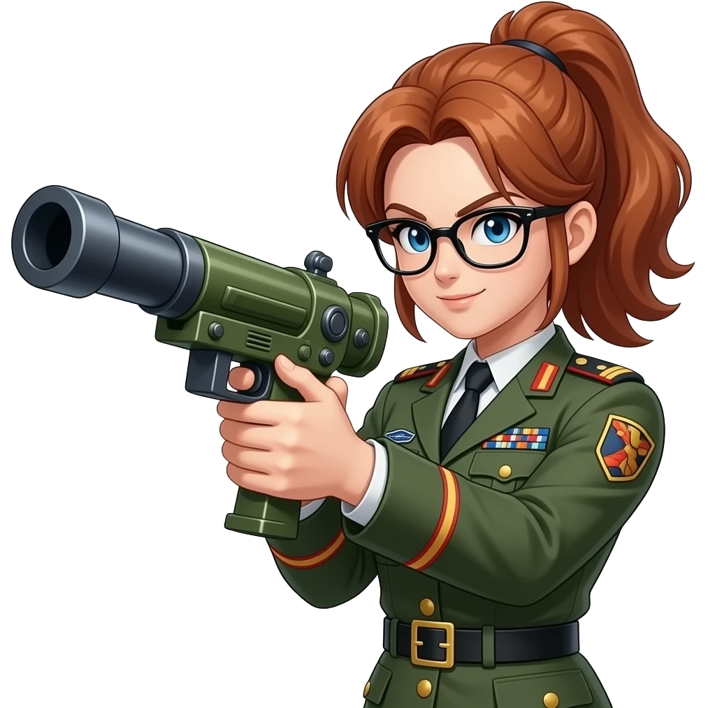 brown bushy auburn haired female android 21 from dragon ball fighterz are wear black glasses with army general dress have shoot with artillery cannon target on enemy emoji