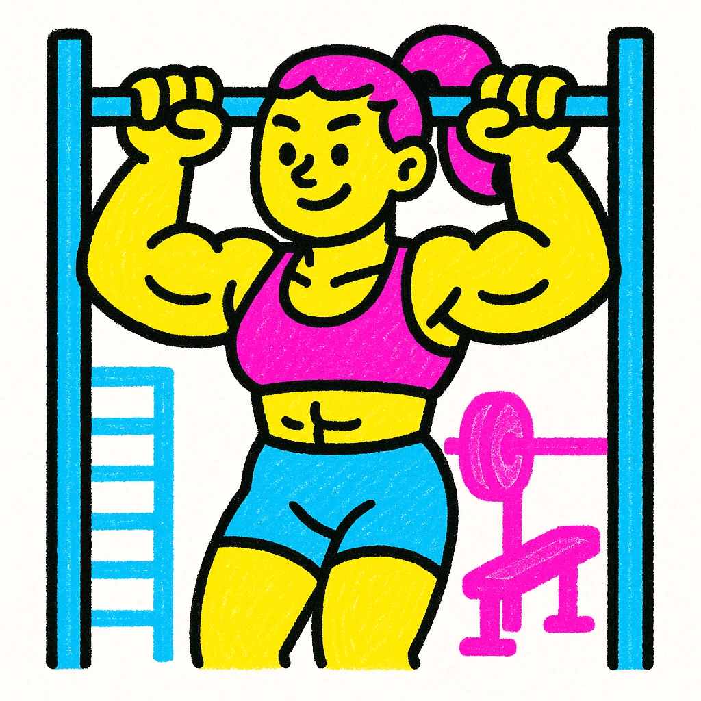 crossfit girl, doing pull-ups, strong arms, gym background, bold colors emoji