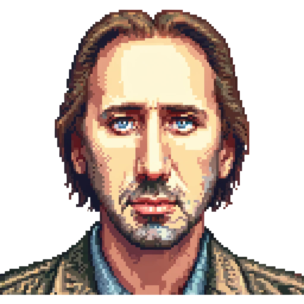 Nicholas Cage, detailed facial features, iconic expression, pixelated look, vibrant colors emoji
