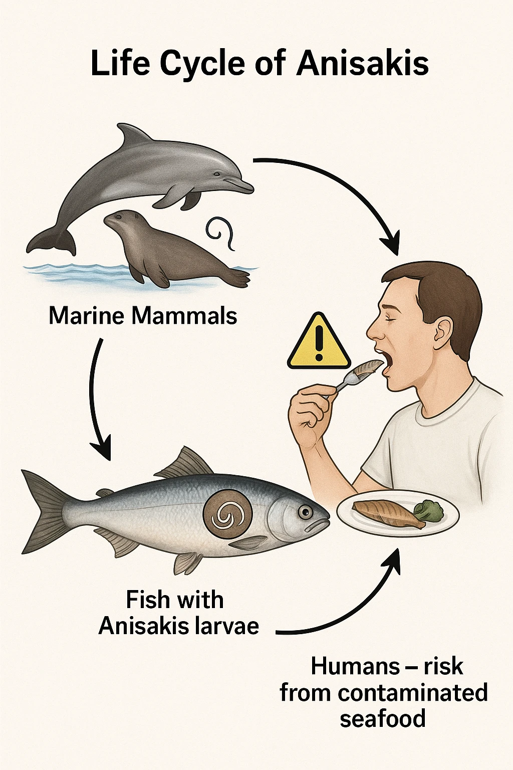 a diagram showing the life cycle of Anisakis, with arrows connecting stages from marine mammals to fish and then to humans. Each stage is illustrated with realistic images: the parasite in the ocean, inside a fish, and the risk to humans who eat contaminated seafood. The style is clear and informative, with labels and icons. emoji