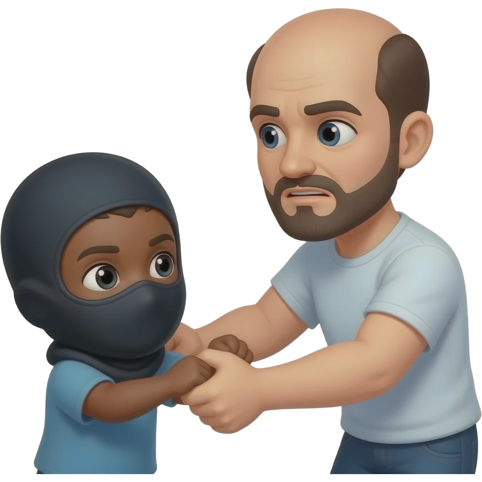 black child wearing a balaclava getting beat up by a white guy with a bald head black goatee emoji