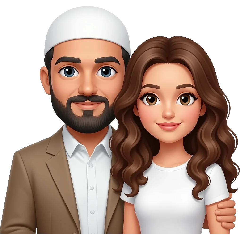 Black bald beardedh with no mustache, Muslim man, bald, no hat, holding a white, long curly brown haired white female  No mustache on man With a bald head with nothing on his head With no hat on his head only skin showing on his bald head Square standard square Muslim hat White female emoji