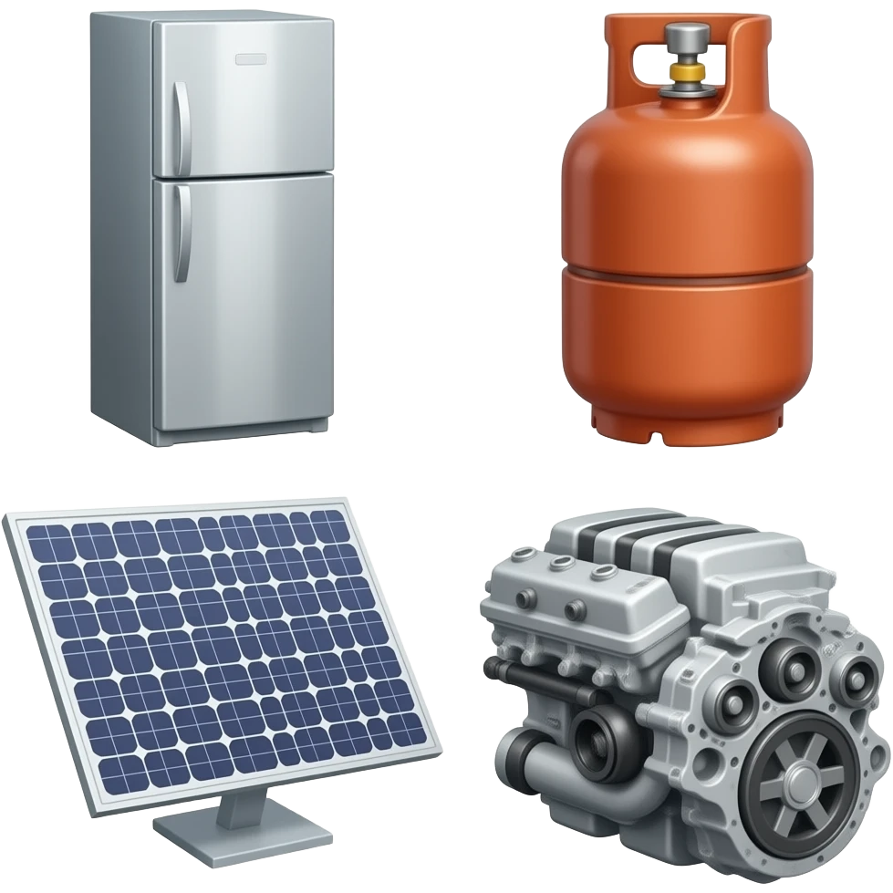 Collage of fridge, Gas bottle, Solar panel, car engine emoji