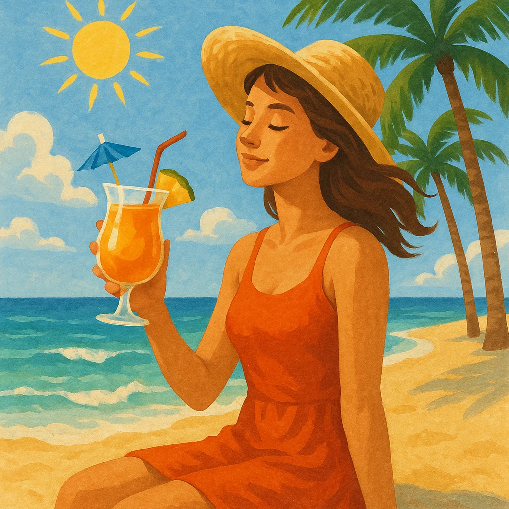 take this picture of a woman and make it  beach photo with drink emoji