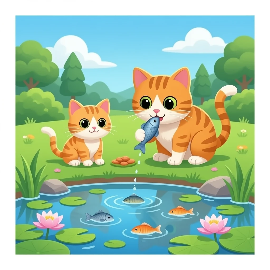 fish alive at the fishing pond one baby cat and daddy cat ate fishing together emoji