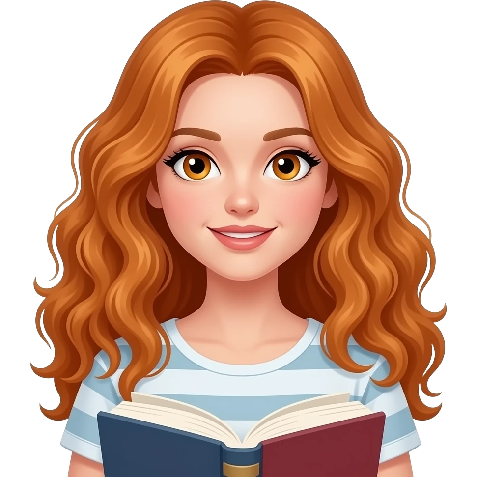 sexy girl with long curly ginger hair and ginger eyes is holding books emoji