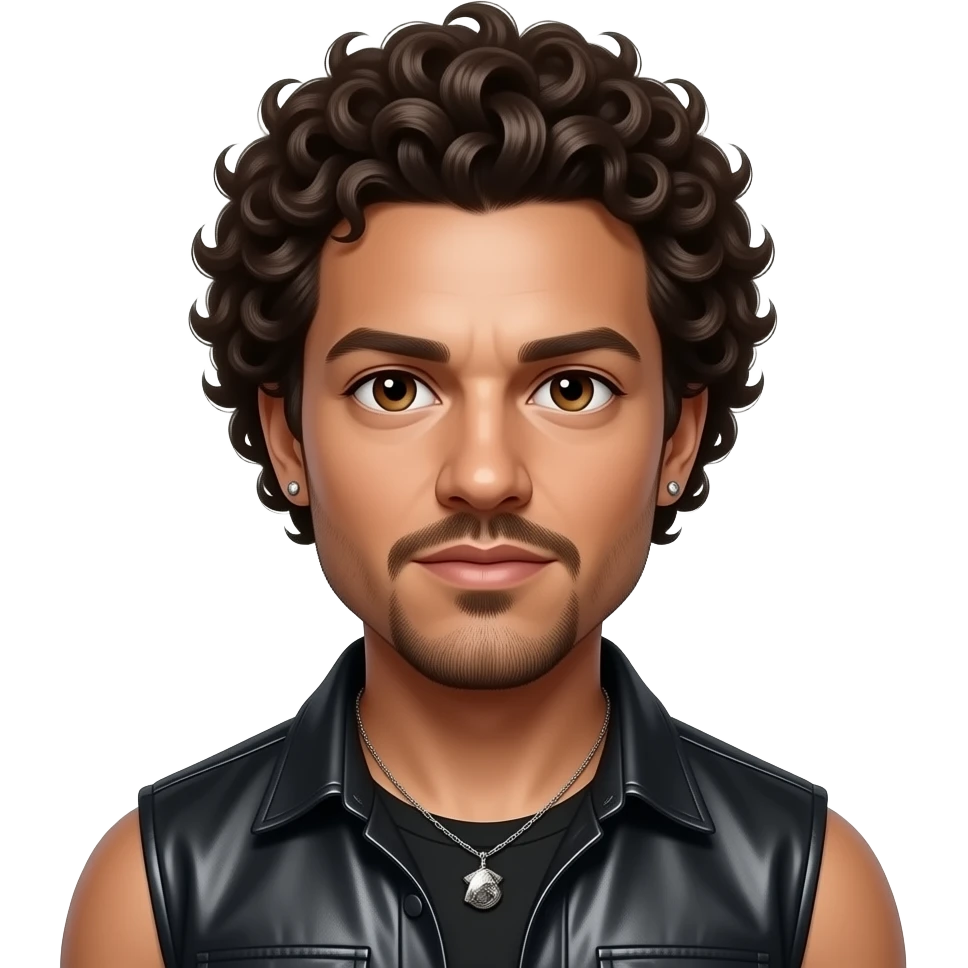 Colin Brittain from Linkin Park with brown eyes, dark brown afro curly hair, black metallic sleeveless shirt, necklace and earrings emoji