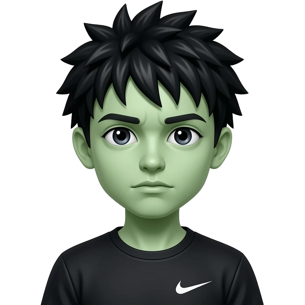 zombie boy with spiky black emo hair, pale green skin, black nike tech emoji