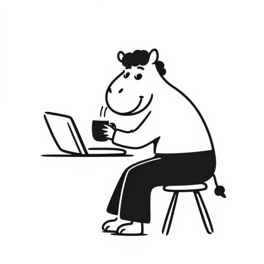 A cartoon hippopotamus who sits at a laptop and drinks coffee emoji