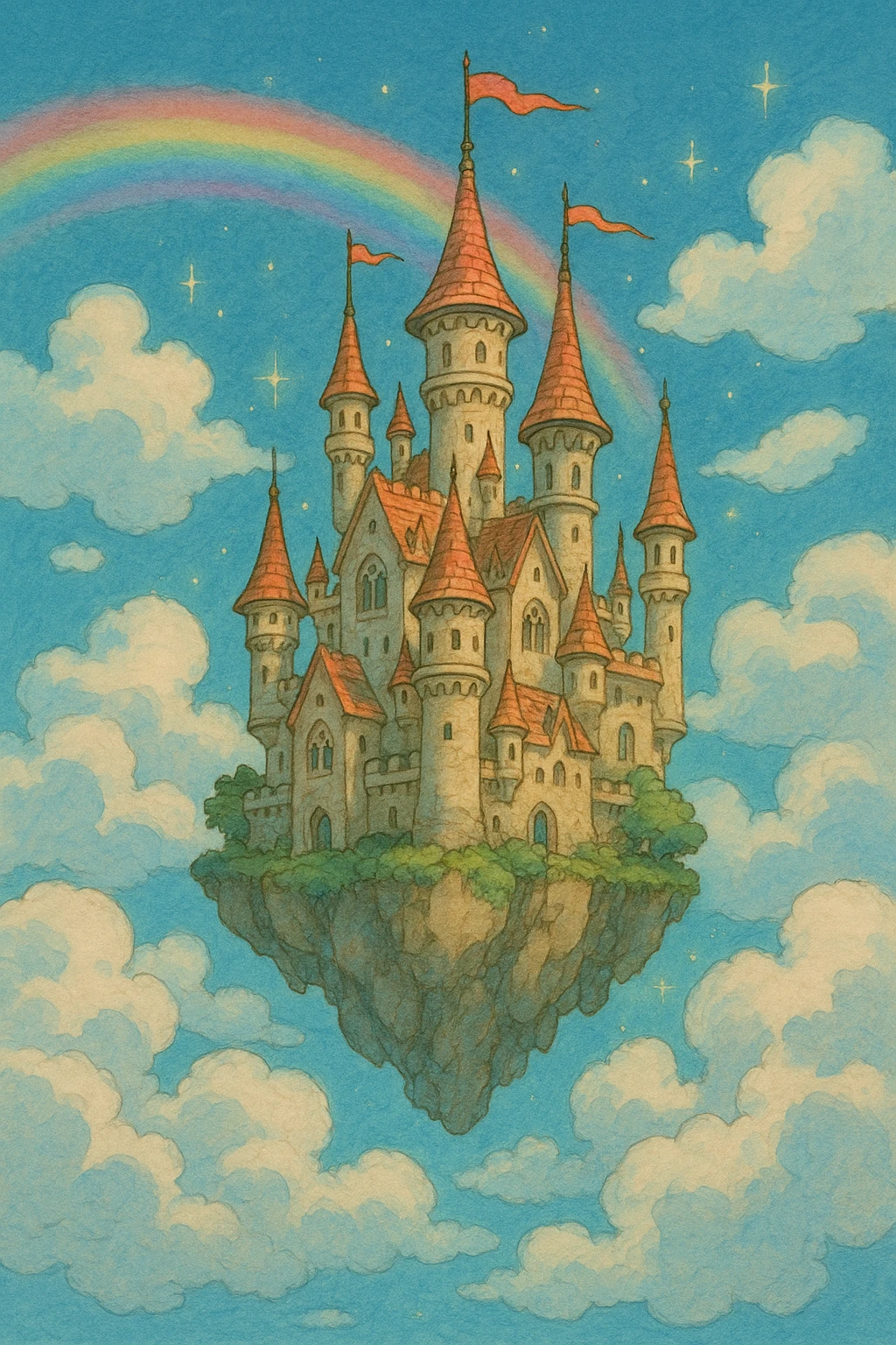 A whimsical, fantasy-themed illustration of a castle floating in the sky. The castle is intricately designed with towers, turrets, and flags fluttering in the wind. It floats among fluffy clouds, with a rainbow arching in the background and magical sparkles adding a touch of enchantment to the scene. emoji