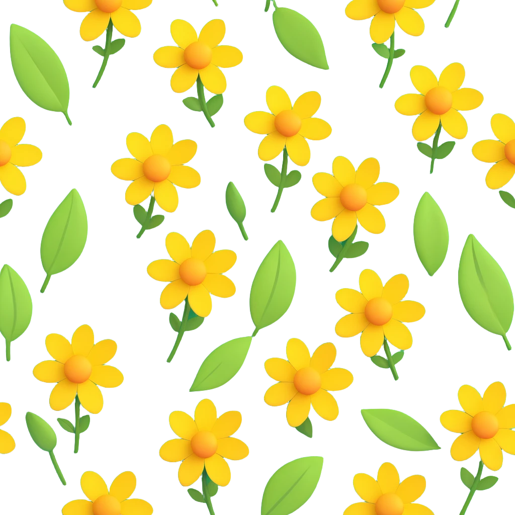 Create a 3D illustration of dandelions in the style of iOS Apple emoji, featuring volumetric yellow flowers and green leaves on a transparent background. emoji