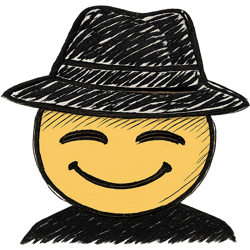 Make the shirt all black, keep the stylized yellow face smiling with a black fedora whose shadow covers his eyes, preserve the original style, no background. emoji