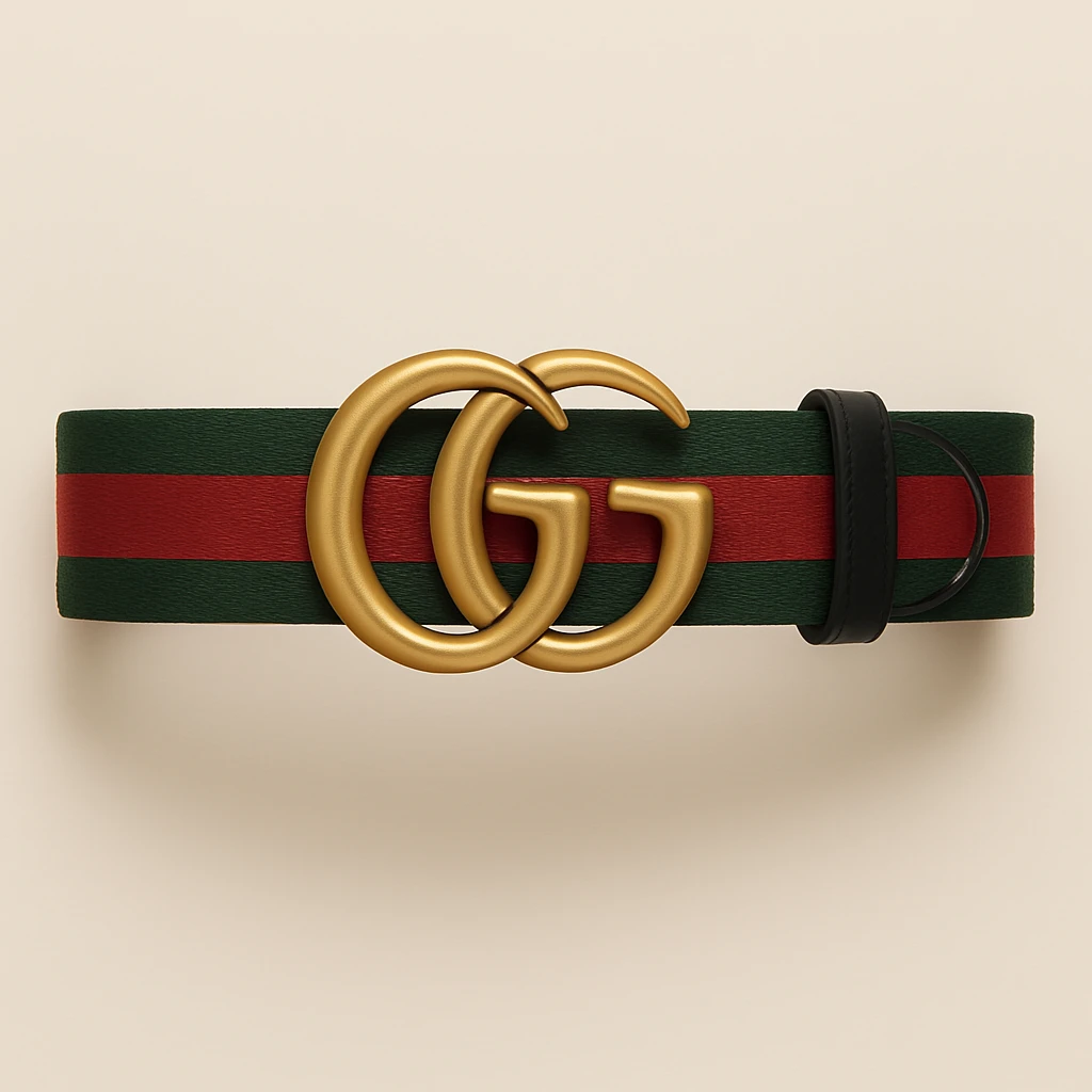 Change the belt band to green, black, and red stripes, keep the gold GG buckle and luxury look, maintaining a high-end fashion style. emoji