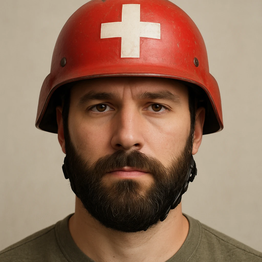 bearded man wearing a red medic helmet, detailed, clear facial hair, helmet with a white cross, neutral background emoji
