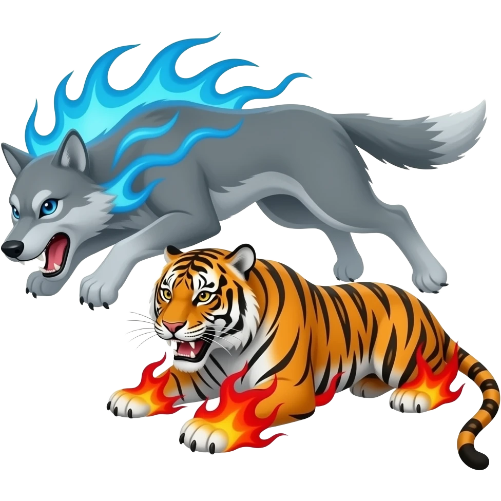 Wolf with blue flames fighting a tiger with red flames emoji