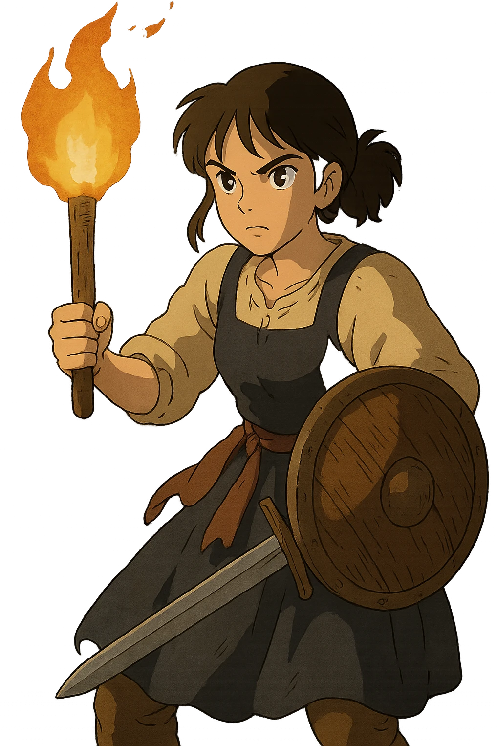 a warrior maiden with a sword and shield, common tavern clothing, eye gleam, defense stance, repose, amid darkness of midnight, holding only a torch emoji