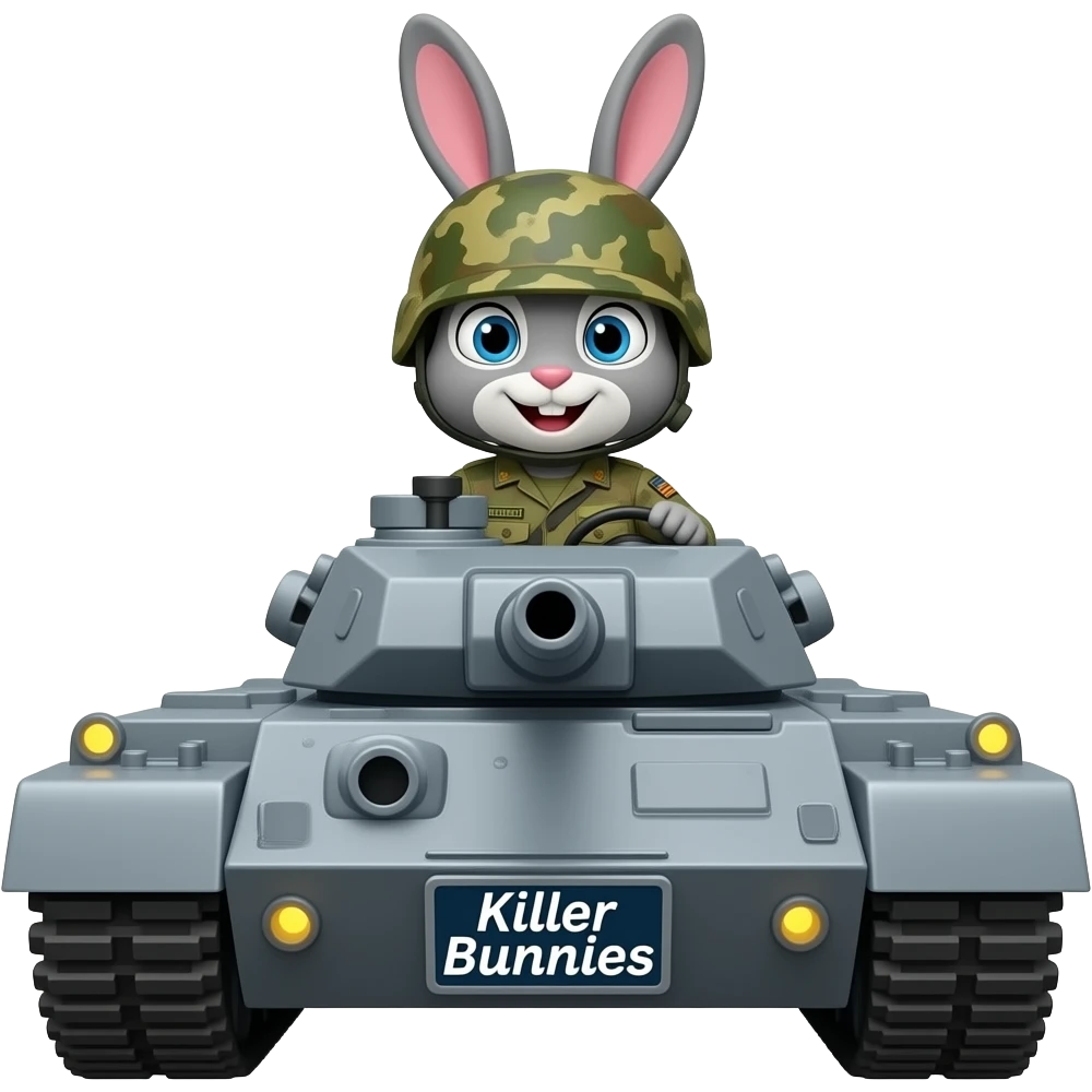 bunny in army fatigues driving a war ship text Killer Bunnies on bumper emoji