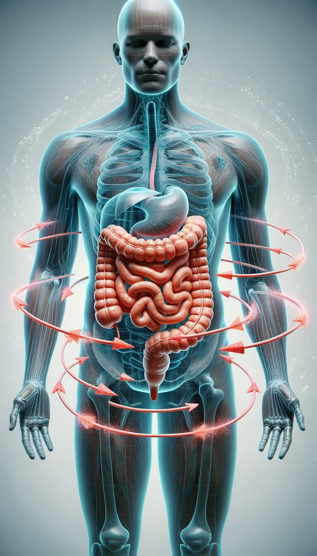 corpo umano anatomico con intestino umano anatomico con frecce 3d che gli girano intorno, sfondo chiaro, iperrealistico 4k emoji
