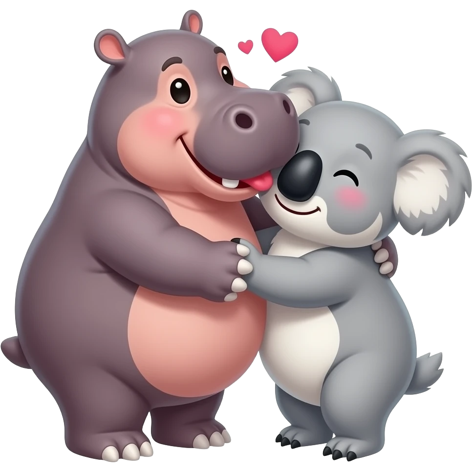 Hippo kissing koala face in love. Hugging. emoji