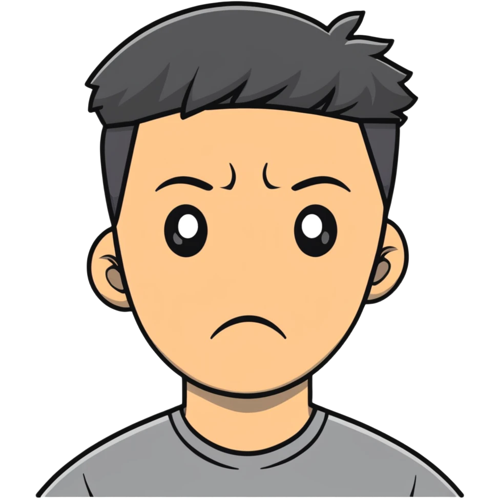 Asian man in a gray shirt with a frown emoji