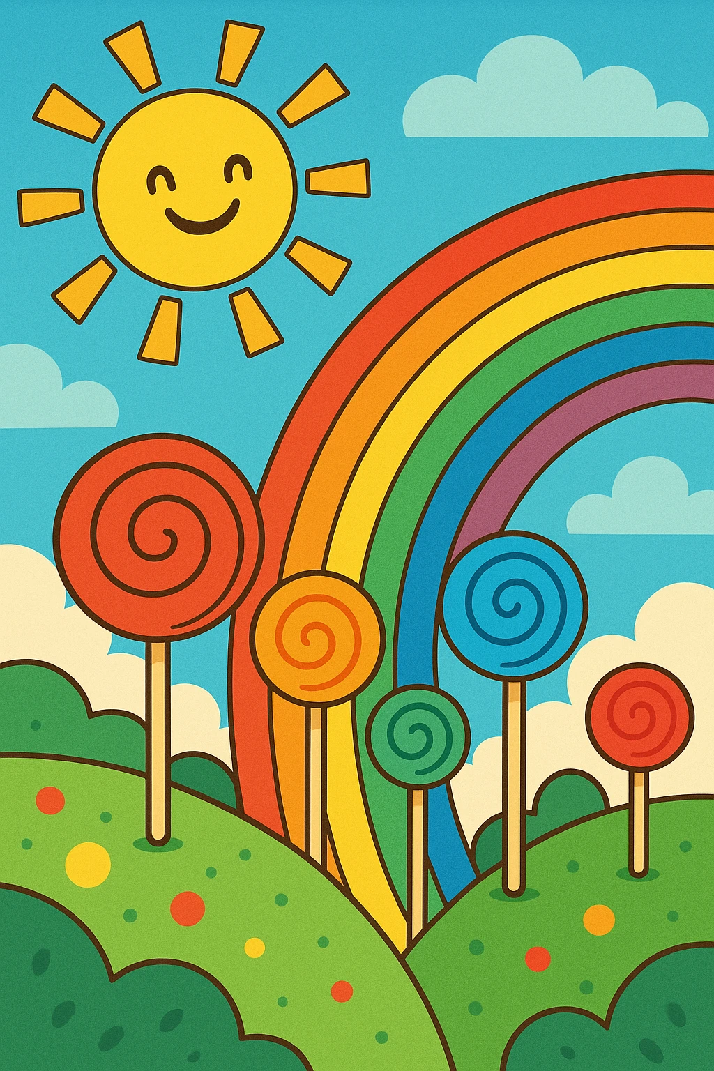 a scene combining sunshine, lollipops, and a rainbow, joyful and whimsical, playful style, vibrant toon emoji
