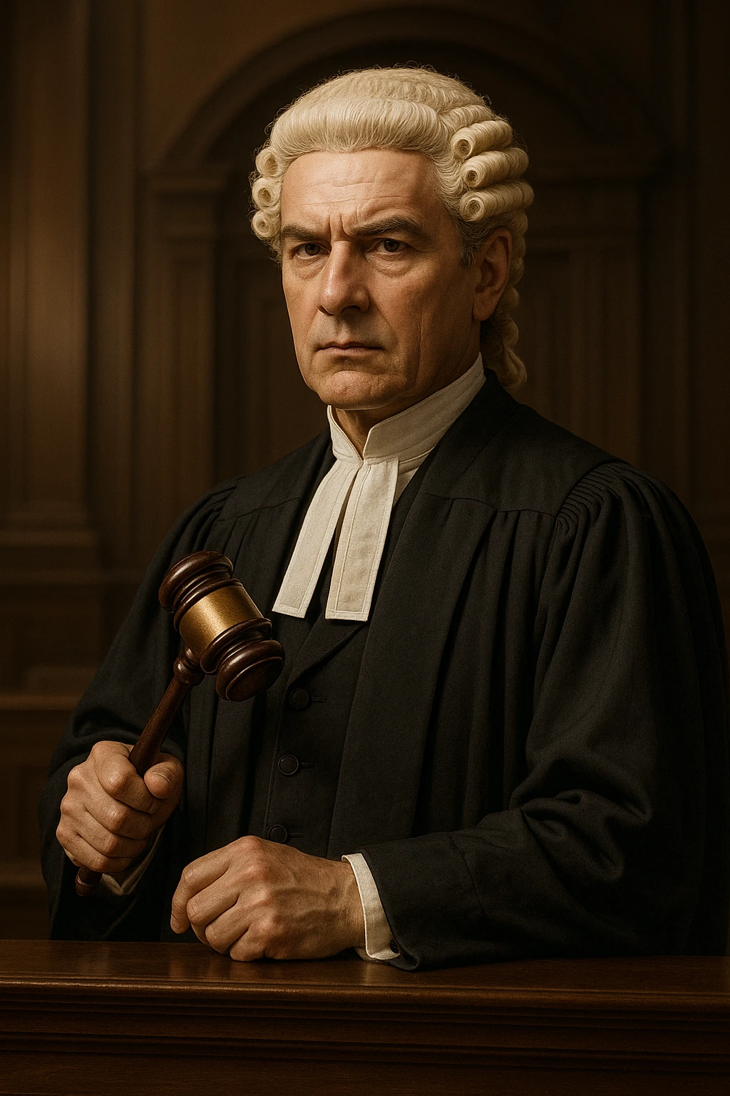 lawyer wearing classic judge's wig, holding a gavel, traditional look emoji