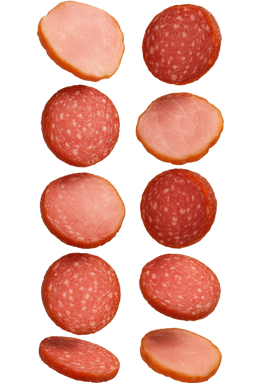 fettine di prosciutto cotto e di salame fluttuano in aria verticalmente, IPERREALISTICA 4K emoji